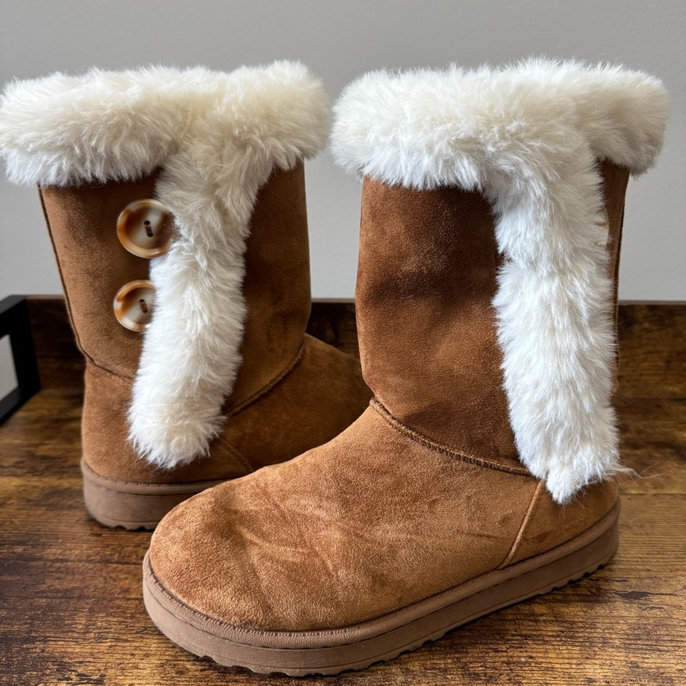 SO Mid Calf Abigail Round Toe Boots with Faux Fur Trim Size 7.5 Chestnut Brown‎